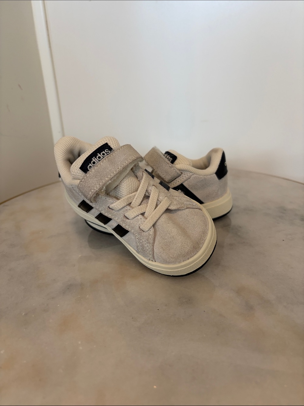 adidas Kids Beige Suede Sneakers with Black Stripes